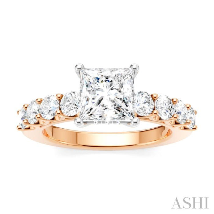 7/8 Ctw Princess Shape Round Cut Diamond Semi-Mount Engagement Ring in 14K Rose and White Gold