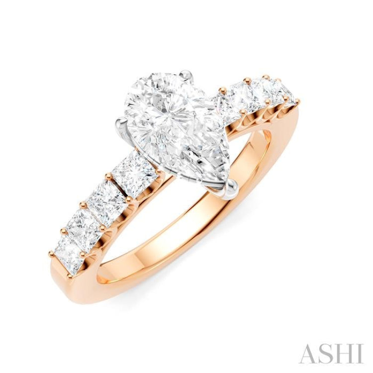 7/8 Ctw Pear Shape Princess and Round Cut Diamond Semi-Mount Engagement Ring in 14K Rose and White Gold