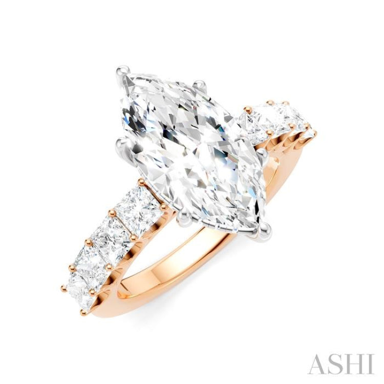 1 1/3 Ctw Marquise Shape Princess and Round Cut Diamond Semi-Mount Engagement Ring in 14K Rose and White Gold