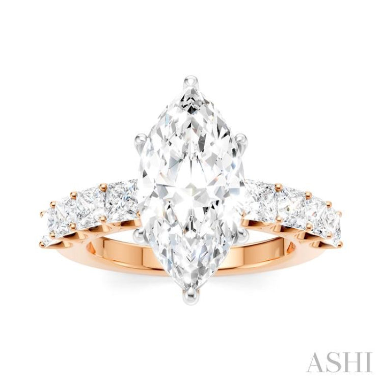 1 1/3 Ctw Marquise Shape Princess and Round Cut Diamond Semi-Mount Engagement Ring in 14K Rose and White Gold