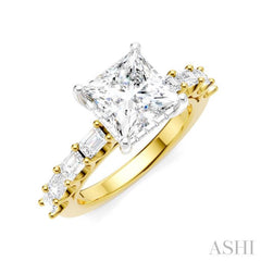 7/8 Ctw Princess Shape Emerald and Round Cut Diamond Semi-Mount Engagement Ring in 14K Yellow and White Gold