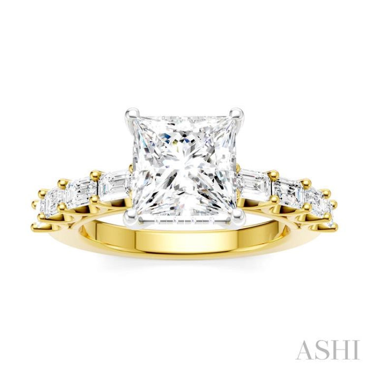 7/8 Ctw Princess Shape Emerald and Round Cut Diamond Semi-Mount Engagement Ring in 14K Yellow and White Gold