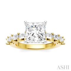 7/8 Ctw Princess Shape Emerald and Round Cut Diamond Semi-Mount Engagement Ring in 14K Yellow and White Gold