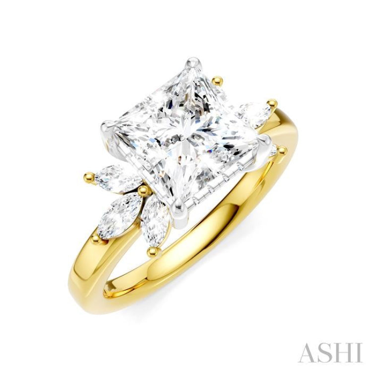 1/2 Ctw Akari Princess Shape Marquise and Round Cut Diamond Semi-Mount Engagement Ring in 14K Yellow and White Gold