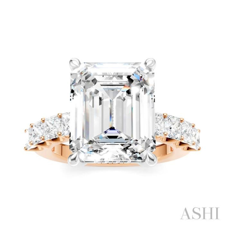 1 1/3 Ctw Emerald Shape Princess and Round Cut Diamond Semi-Mount Engagement Ring in 14K Rose and White Gold