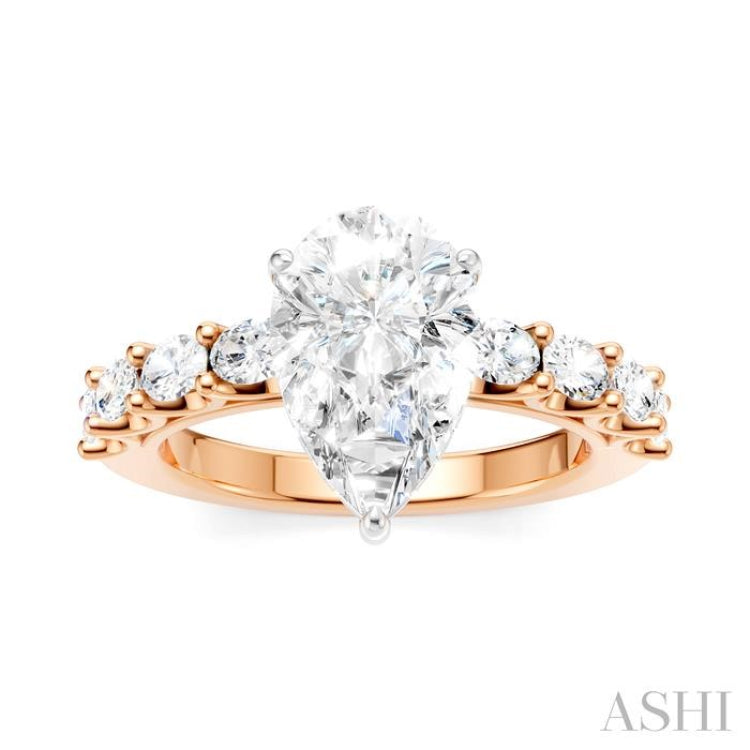 7/8 Ctw Pear Shape Oval and Round Cut Diamond Semi-Mount Engagement Ring in 14K Rose and White Gold