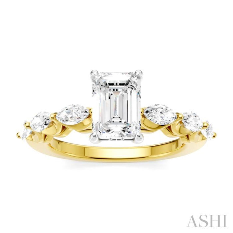 3/4 Ctw Emerald Shape Marquise and Round Cut Diamond Semi-Mount Engagement Ring in 14K Yellow and White Gold