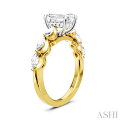 3/4 Ctw Emerald Shape Marquise and Round Cut Diamond Semi-Mount Engagement Ring in 14K Yellow and White Gold