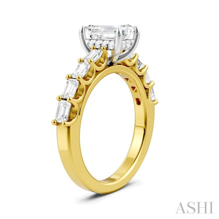 7/8 Ctw Emerald Shape Emerald and Round Cut Diamond Semi-Mount Engagement Ring in 14K Yellow and White Gold