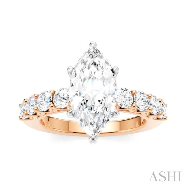 7/8 Ctw Marquise Shape Round Cut Diamond Semi-Mount Engagement Ring in 14K Rose and White Gold