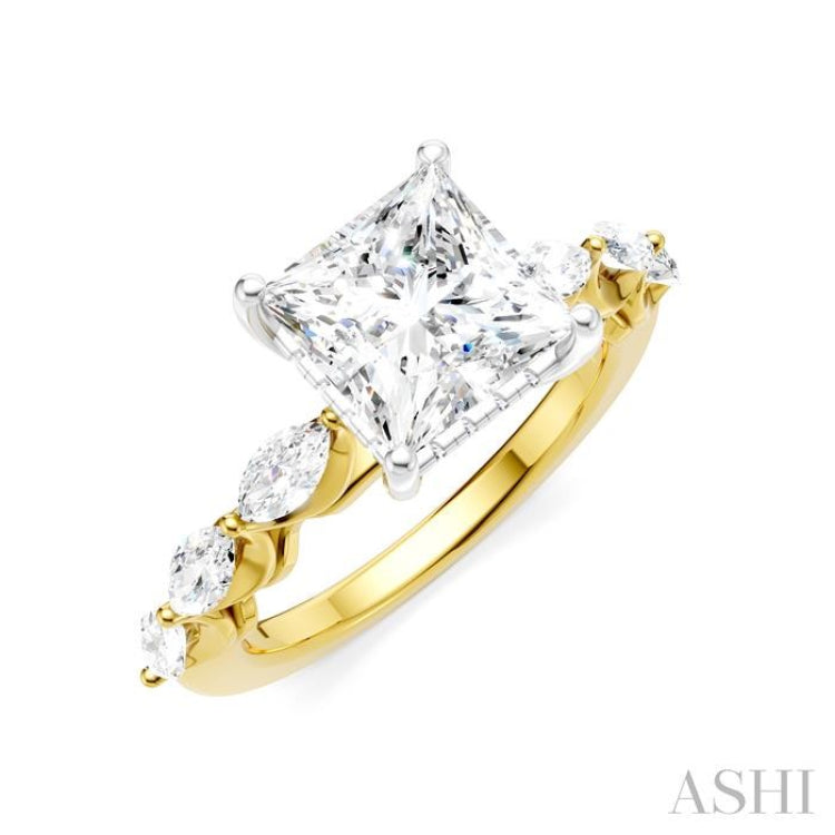 3/4 Ctw Princess Shape Marquise and Round Cut Diamond Semi-Mount Engagement Ring in 14K Yellow and White Gold