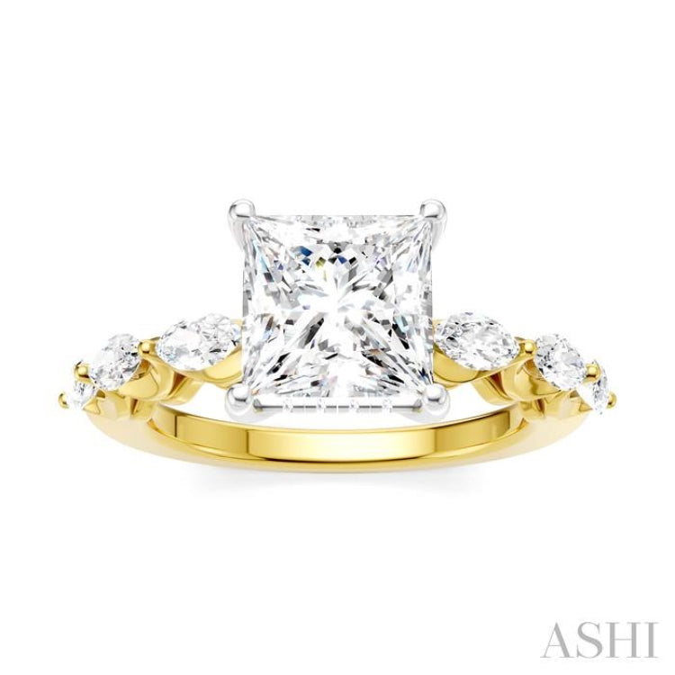 3/4 Ctw Princess Shape Marquise and Round Cut Diamond Semi-Mount Engagement Ring in 14K Yellow and White Gold