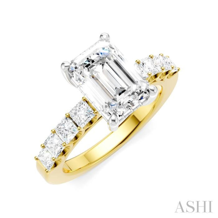 7/8 Ctw Emerald Shape Princess and Round Cut Diamond Semi-Mount Engagement Ring in 14K Yellow and White Gold