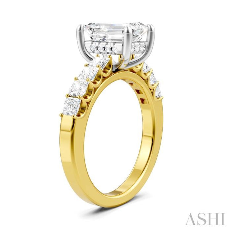 7/8 Ctw Emerald Shape Princess and Round Cut Diamond Semi-Mount Engagement Ring in 14K Yellow and White Gold