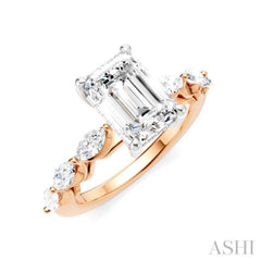 3/4 Ctw Emerald Shape Marquise and Round Cut Diamond Semi-Mount Engagement Ring in 14K Rose and White Gold