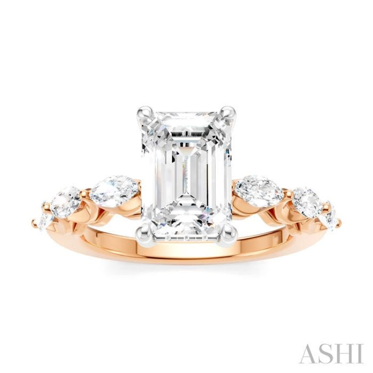 3/4 Ctw Emerald Shape Marquise and Round Cut Diamond Semi-Mount Engagement Ring in 14K Rose and White Gold