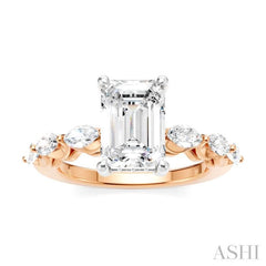 3/4 Ctw Emerald Shape Marquise and Round Cut Diamond Semi-Mount Engagement Ring in 14K Rose and White Gold