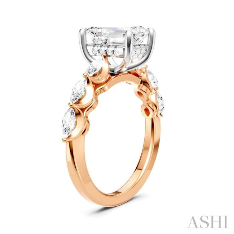 3/4 Ctw Emerald Shape Marquise and Round Cut Diamond Semi-Mount Engagement Ring in 14K Rose and White Gold
