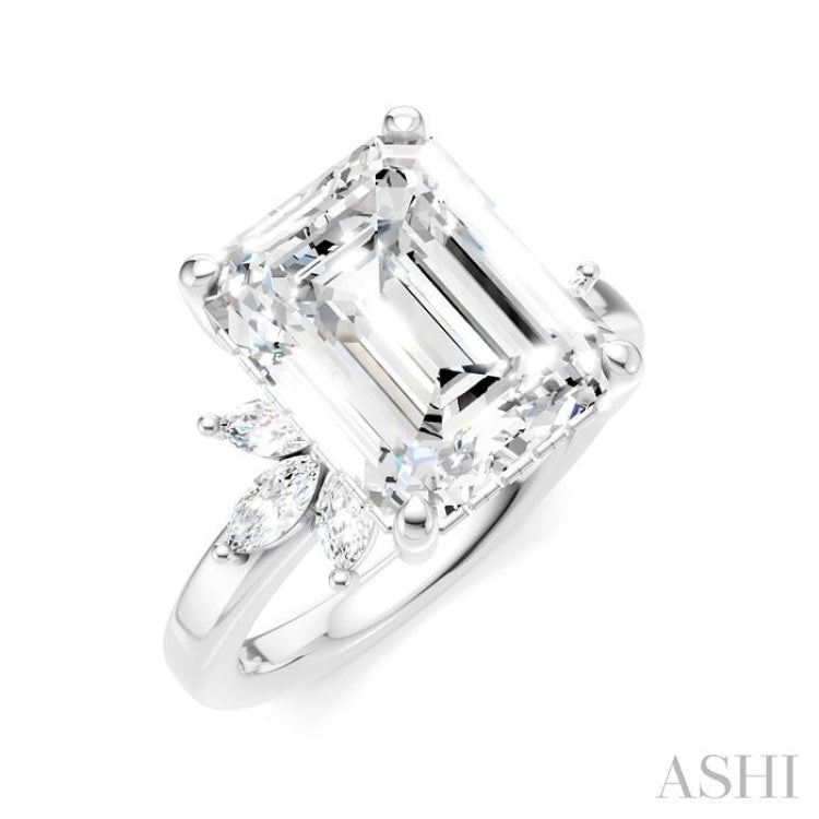 5/8 Ctw Emerald Shape Marquise and Round Cut Diamond Semi-Mount Engagement Ring in 14K White Gold