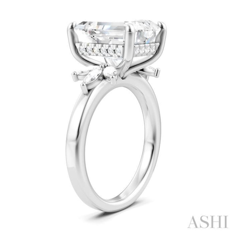 5/8 Ctw Emerald Shape Marquise and Round Cut Diamond Semi-Mount Engagement Ring in 14K White Gold