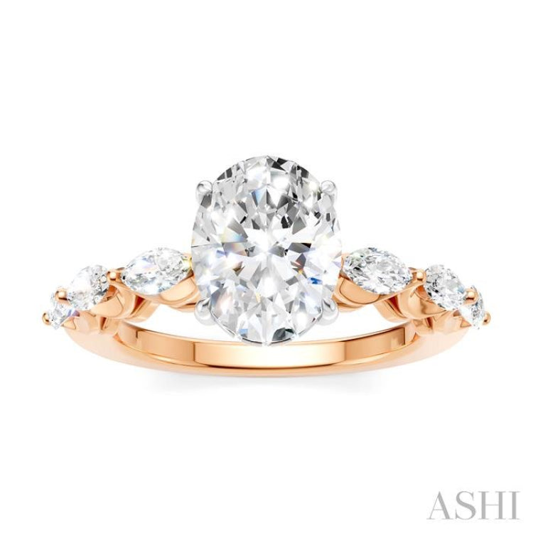 5/8 Ctw Oval Shape Marquise and Round Cut Diamond Semi-Mount Engagement Ring in 14K Rose and White Gold