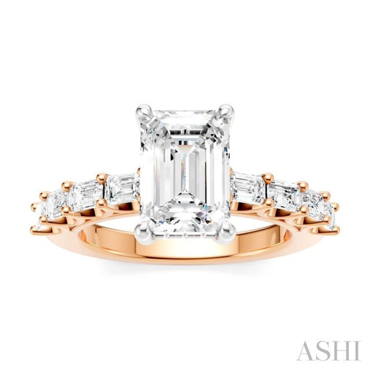 7/8 Ctw Emerald Shape Emerald and Round Cut Diamond Semi-Mount Engagement Ring in 14K Rose and White Gold