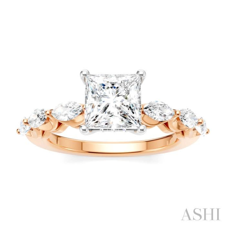 3/4 Ctw Princess Shape Marquise and Round Cut Diamond Semi-Mount Engagement Ring in 14K Rose and White Gold