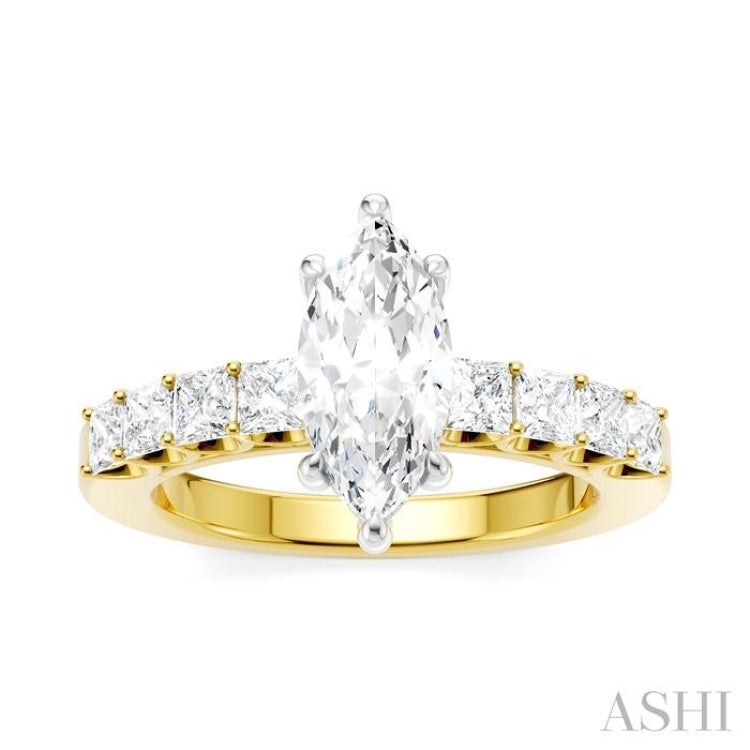 7/8 Ctw Marquise Shape Princess and Round Cut Diamond Semi-Mount Engagement Ring in 14K Yellow and White Gold