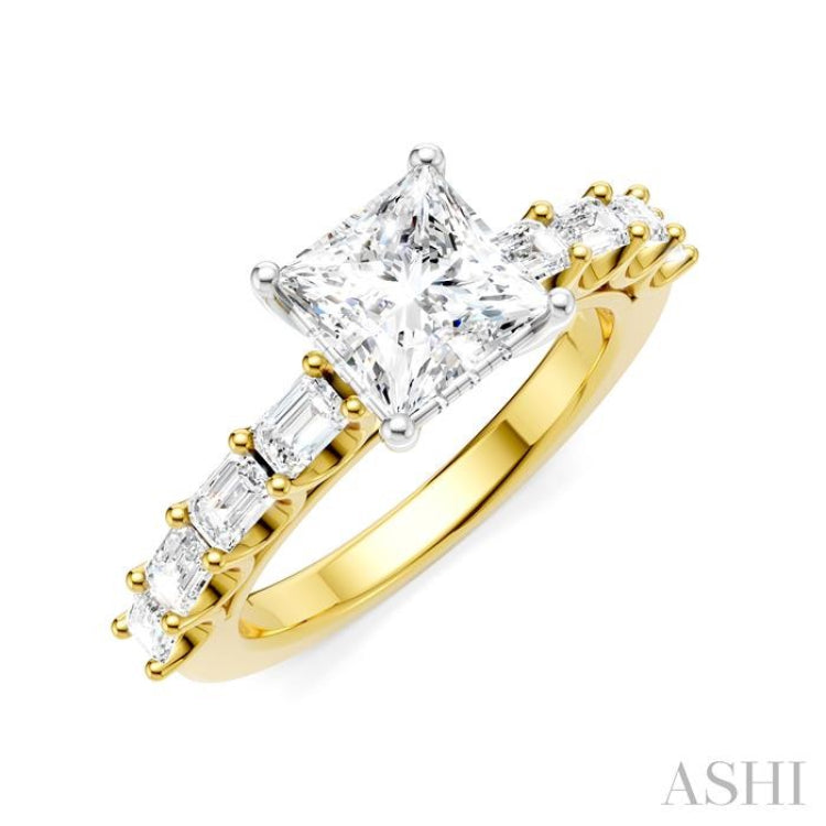 7/8 Ctw Princess Shape Emerald and Round Cut Diamond Semi-Mount Engagement Ring in 14K Yellow and White Gold