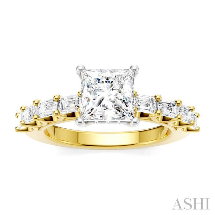 7/8 Ctw Princess Shape Emerald and Round Cut Diamond Semi-Mount Engagement Ring in 14K Yellow and White Gold