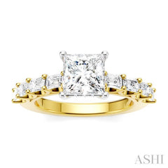 7/8 Ctw Princess Shape Emerald and Round Cut Diamond Semi-Mount Engagement Ring in 14K Yellow and White Gold