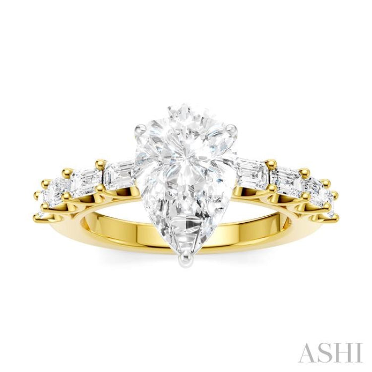 7/8 Ctw Pear Shape Emerald and Round Cut Diamond Semi-Mount Engagement Ring in 14K Yellow and White Gold