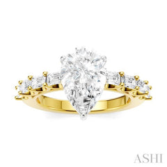 7/8 Ctw Pear Shape Emerald and Round Cut Diamond Semi-Mount Engagement Ring in 14K Yellow and White Gold