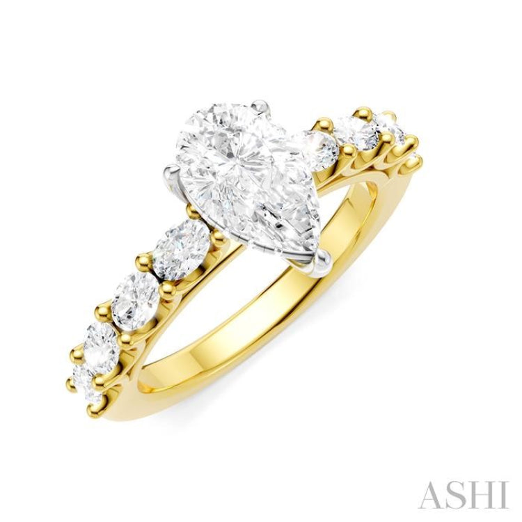 7/8 Ctw Pear Shape Oval and Round Cut Diamond Semi-Mount Engagement Ring in 14K Yellow and White Gold