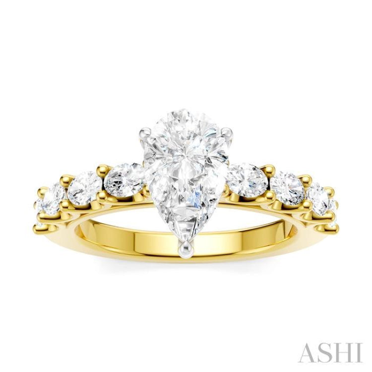 7/8 Ctw Pear Shape Oval and Round Cut Diamond Semi-Mount Engagement Ring in 14K Yellow and White Gold