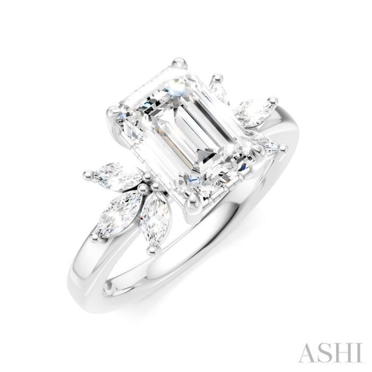 1/2 Ctw Emerald Shape Marquise and Round Cut Diamond Semi-Mount Engagement Ring in 14K White Gold