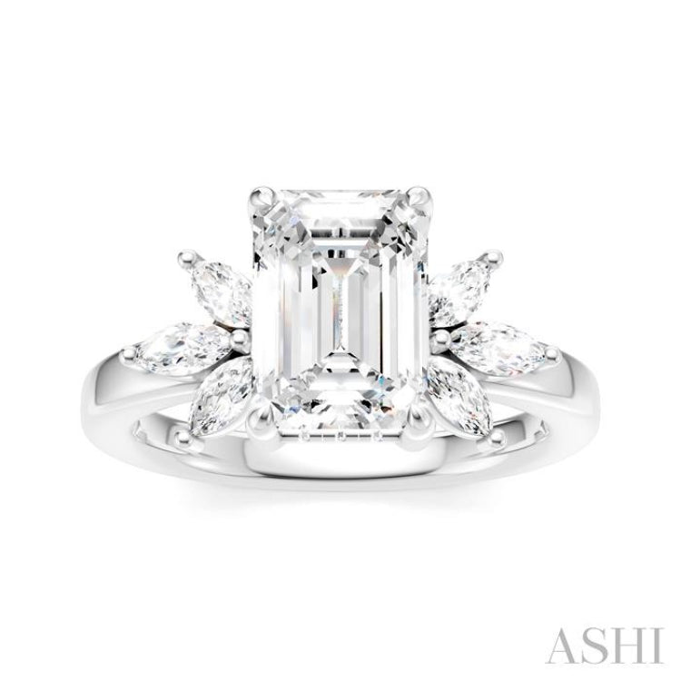 1/2 Ctw Emerald Shape Marquise and Round Cut Diamond Semi-Mount Engagement Ring in 14K White Gold