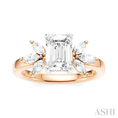 1/2 Ctw Emerald Shape Marquise and Round Cut Diamond Semi-Mount Engagement Ring in 14K Rose and White Gold