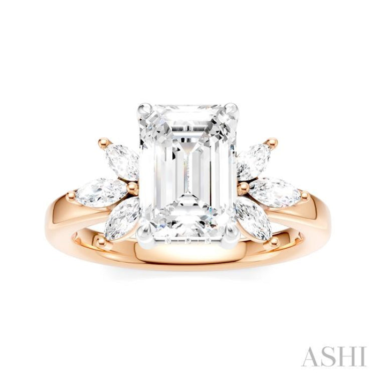 1/2 Ctw Emerald Shape Marquise and Round Cut Diamond Semi-Mount Engagement Ring in 14K Rose and White Gold