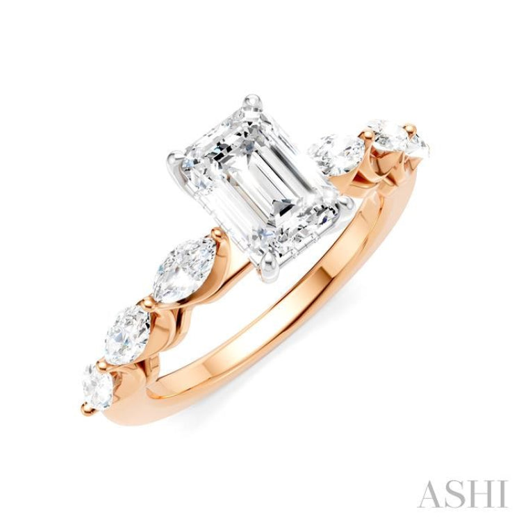 3/4 Ctw Emerald Shape Marquise and Round Cut Diamond Semi-Mount Engagement Ring in 14K Rose and White Gold