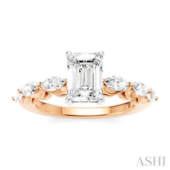 3/4 Ctw Emerald Shape Marquise and Round Cut Diamond Semi-Mount Engagement Ring in 14K Rose and White Gold