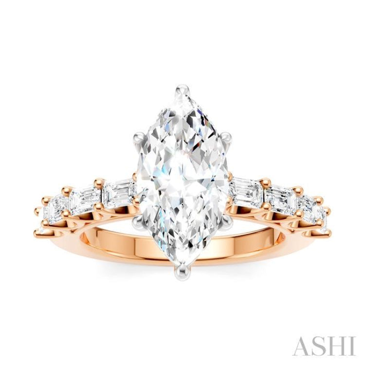 7/8 Ctw Marquise Shape Emerald and Round Cut Diamond Semi-Mount Engagement Ring in 14K Rose and White Gold