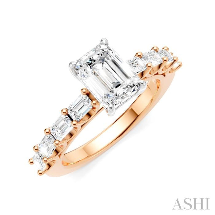 7/8 Ctw Emerald Shape Emerald and Round Cut Diamond Semi-Mount Engagement Ring in 14K Rose and White Gold