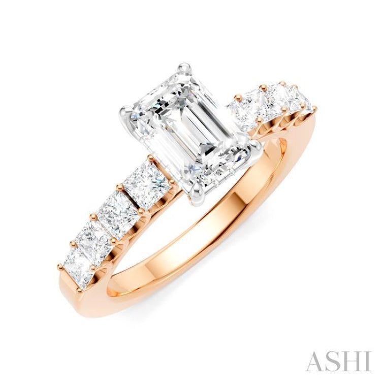 7/8 Ctw Emerald Shape Princess and Round Cut Diamond Semi-Mount Engagement Ring in 14K Rose and White Gold