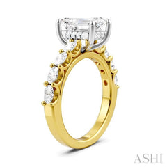 7/8 Ctw Emerald Shape Oval and Round Cut Diamond Semi-Mount Engagement Ring in 14K Yellow and White Gold