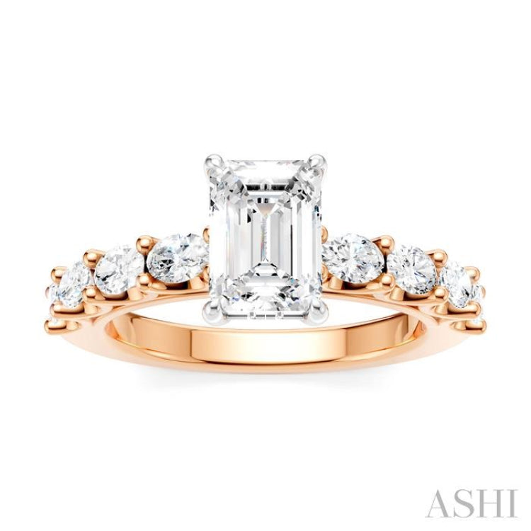 7/8 Ctw Emerald Shape Oval and Round Cut Diamond Semi-Mount Engagement Ring in 14K Rose and White Gold