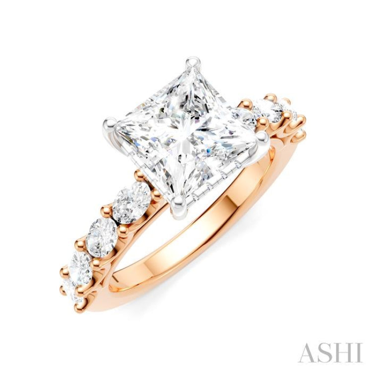 7/8 Ctw Princess Shape Oval and Round Cut Diamond Semi-Mount Engagement Ring in 14K Rose and White Gold