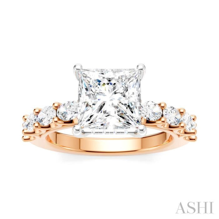 7/8 Ctw Princess Shape Oval and Round Cut Diamond Semi-Mount Engagement Ring in 14K Rose and White Gold