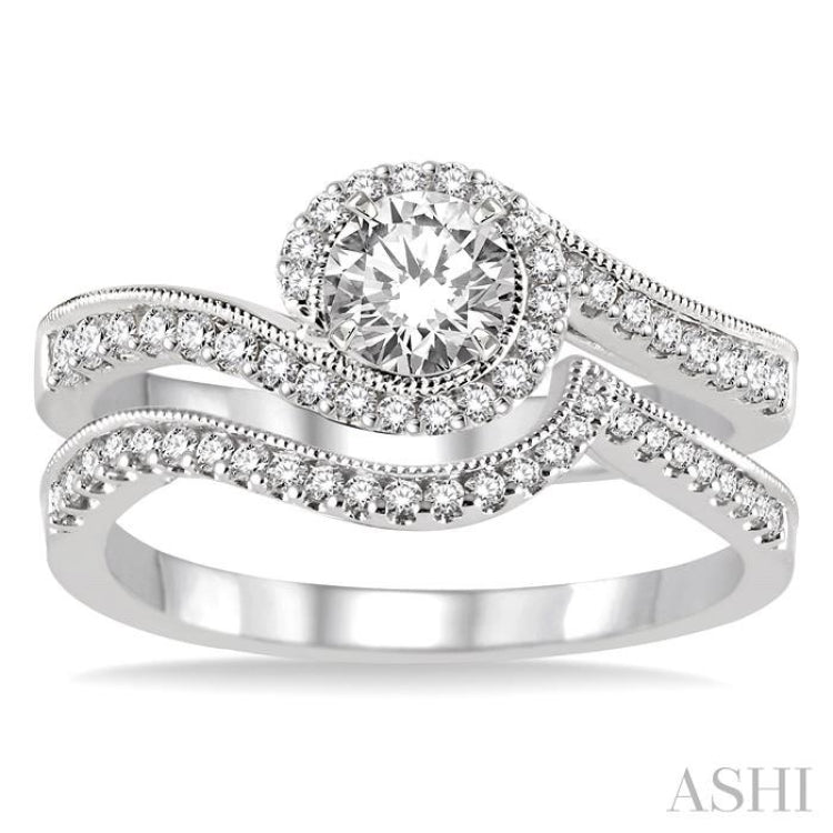 5/8 Ctw Diamond Wedding Set with 1/2 Ctw Round Cut Engagement Ring and 1/6 Ctw Wedding Band in 14K White Gold