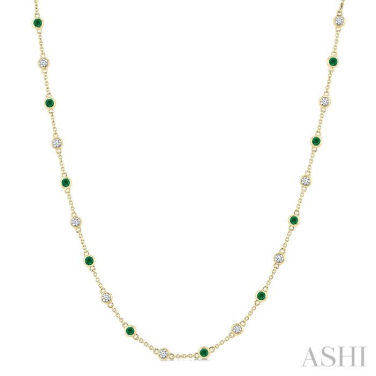 2.40 MM Round Shape Emerald and 7/8 Ctw Round Cut Diamond Precious Station Necklace in 14K Yellow Gold
